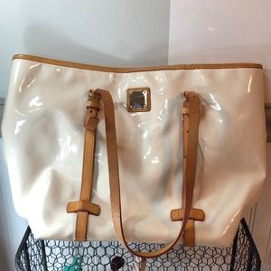 Dooney & Bourke: white pleather, tan trimmed bag
